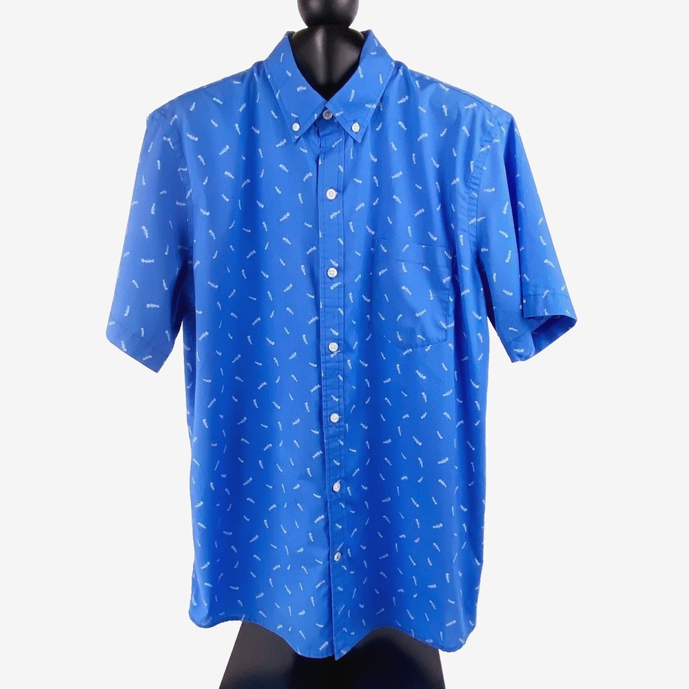IZOD Short Sleeve Shirt Men's L Button Up Blue Bones Easy Care Cotton Blend LKNU
